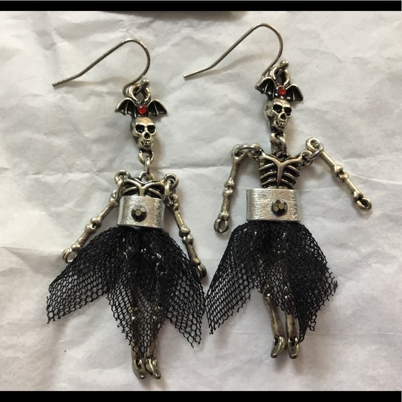 Bat and Skeleton Wearing Dress Dangle Earrings - Picture 5 of 8